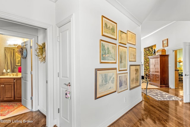 hall with a sink, wood finished floors, and ornamental molding