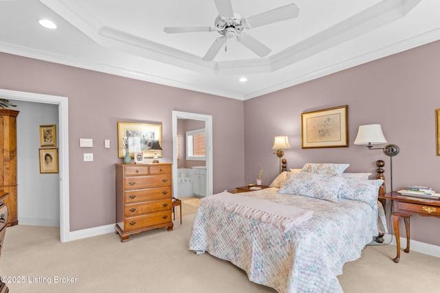 bedroom with light carpet, crown molding, a raised ceiling, and baseboards