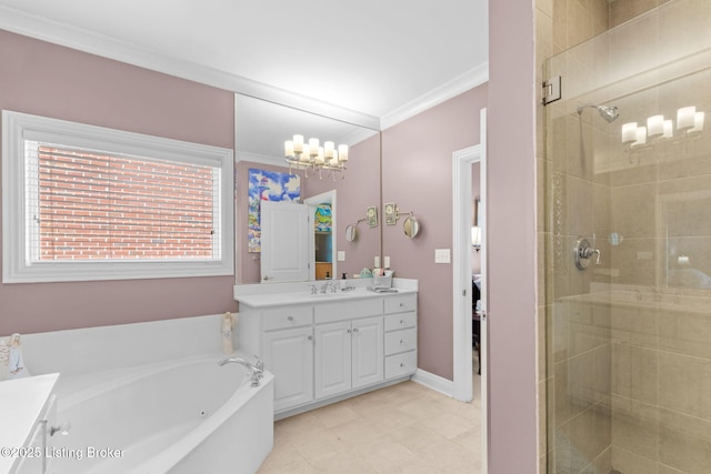 bathroom with a shower stall, ornamental molding, a bath, a notable chandelier, and vanity