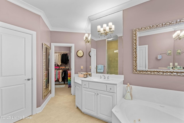 bathroom with vanity, a tub with jets, tiled shower, crown molding, and a notable chandelier