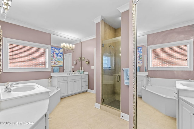 full bath with a sink, two vanities, a stall shower, and ornamental molding