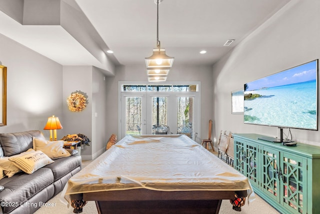 game room featuring baseboards, visible vents, recessed lighting, pool table, and carpet flooring