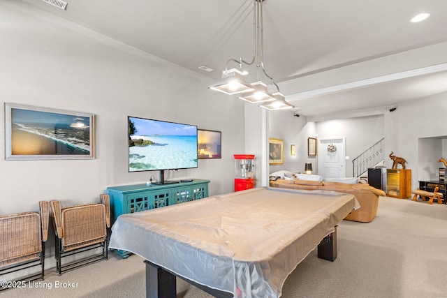 recreation room featuring billiards, recessed lighting, and carpet floors