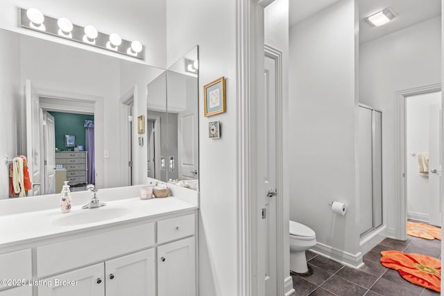 bathroom featuring tile patterned floors, visible vents, toilet, and a stall shower