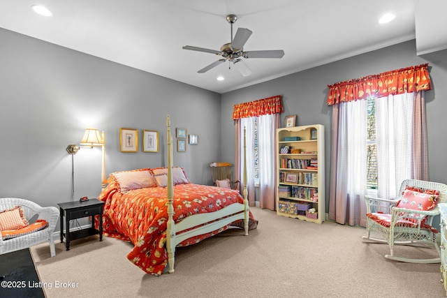 bedroom with recessed lighting, carpet, and a ceiling fan