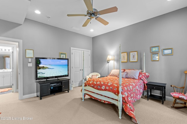 bedroom featuring a ceiling fan, carpet flooring, recessed lighting, and baseboards