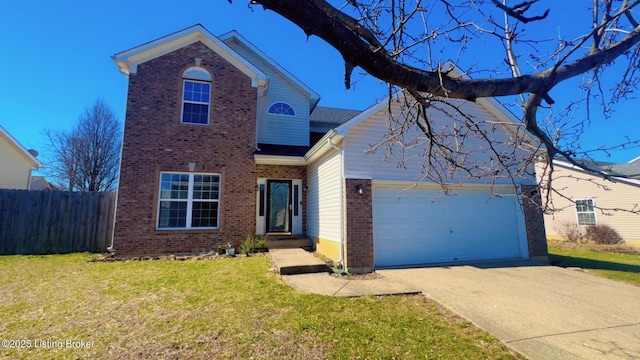 traditional home with a front lawn, fence, concrete driveway, an attached garage, and brick siding