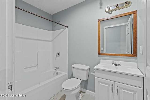 full bath featuring tile patterned flooring, toilet, vanity, baseboards, and shower / bathing tub combination