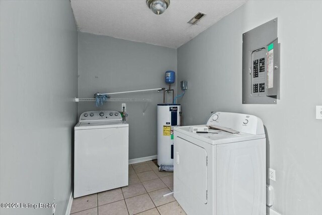 laundry room featuring a textured ceiling, light tile patterned flooring, laundry area, water heater, and electric panel