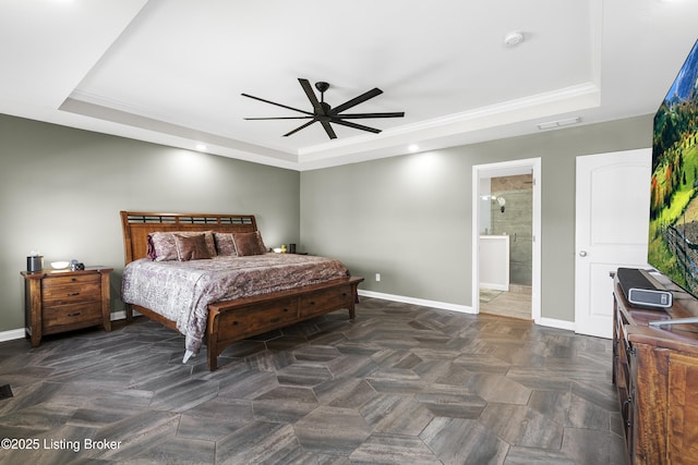 bedroom with a ceiling fan, visible vents, baseboards, ornamental molding, and a raised ceiling