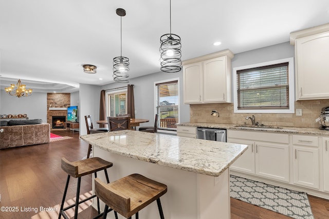 kitchen with stainless steel dishwasher, dark wood finished floors, backsplash, and a sink