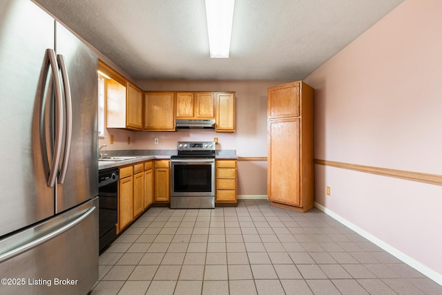 kitchen with under cabinet range hood, a sink, appliances with stainless steel finishes, light countertops, and baseboards