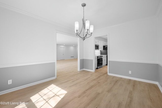 unfurnished dining area featuring a notable chandelier, baseboards, light wood-type flooring, and ornamental molding