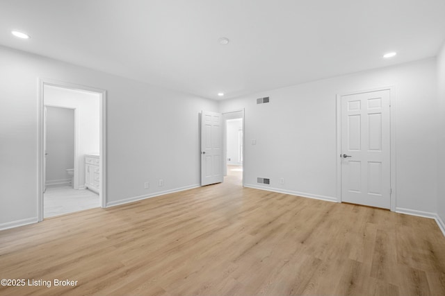 unfurnished bedroom featuring recessed lighting, visible vents, and light wood-style flooring