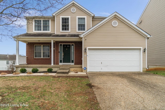 traditional-style home with brick siding, a porch, concrete driveway, and an attached garage