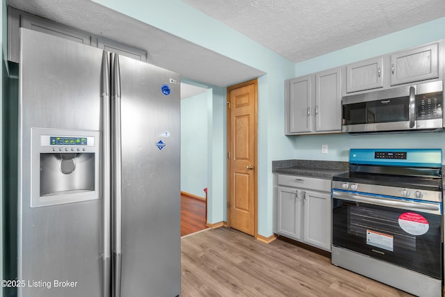 kitchen featuring dark countertops, gray cabinetry, light wood-type flooring, stainless steel appliances, and a textured ceiling