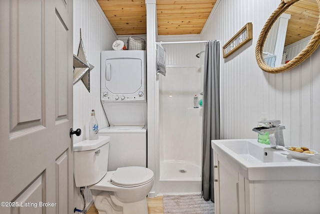 full bathroom with toilet, a stall shower, wooden ceiling, and stacked washing maching and dryer