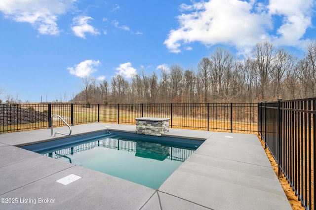 view of swimming pool featuring a fenced in pool, a patio area, and fence