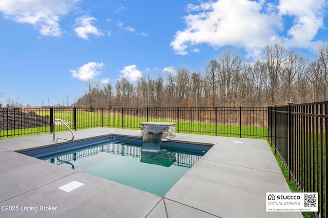 view of swimming pool with a fenced in pool, a fenced backyard, and a patio area