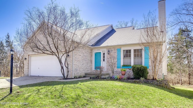 view of front of property featuring brick siding, a garage, and a front lawn