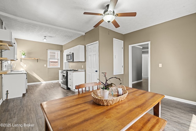 dining area with dark wood finished floors, a textured ceiling, and baseboards