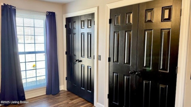 entryway with dark wood-style floors, plenty of natural light, and baseboards