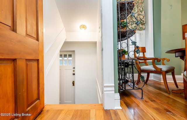 foyer entrance with baseboards and wood-type flooring