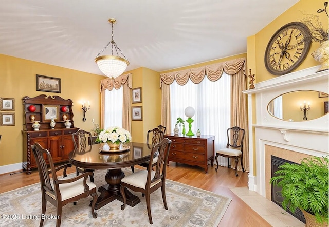 dining space with a fireplace with flush hearth, a healthy amount of sunlight, and light wood-type flooring