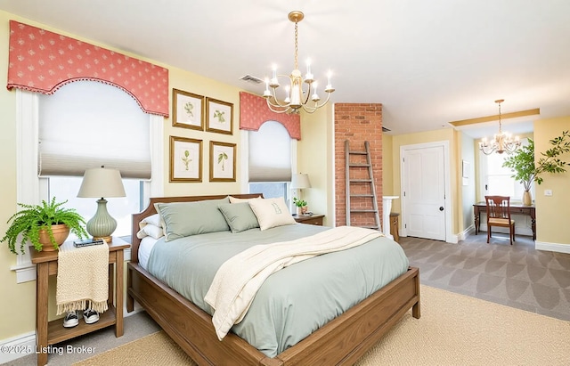 carpeted bedroom with a baseboard radiator, baseboards, visible vents, and a chandelier