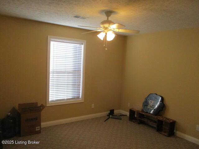 111 Pete Ln, Bardstown, KY 40004 - interior space featuring visible vents, ceiling fan, baseboards, carpet flooring, and a textured ceiling