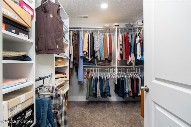 walk in closet featuring carpet flooring and visible vents