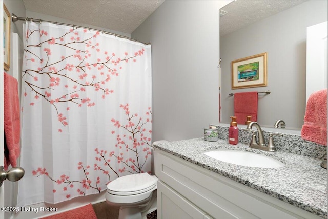 bathroom featuring vanity, toilet, and a textured ceiling