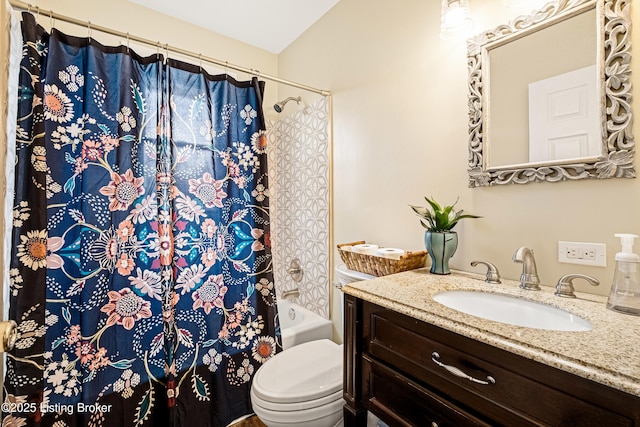 full bathroom with shower / bathtub combination with curtain, toilet, and vanity