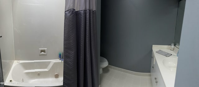 full bath featuring tile patterned floors, toilet, a shower with shower curtain, a bath, and vanity