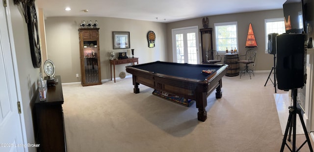 playroom with recessed lighting, baseboards, light carpet, and billiards