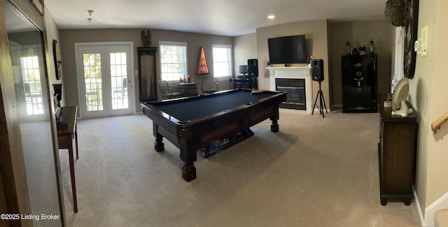 playroom with billiards, baseboards, recessed lighting, a glass covered fireplace, and light colored carpet