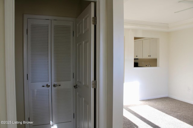 hall featuring ornamental molding, baseboards, and carpet floors