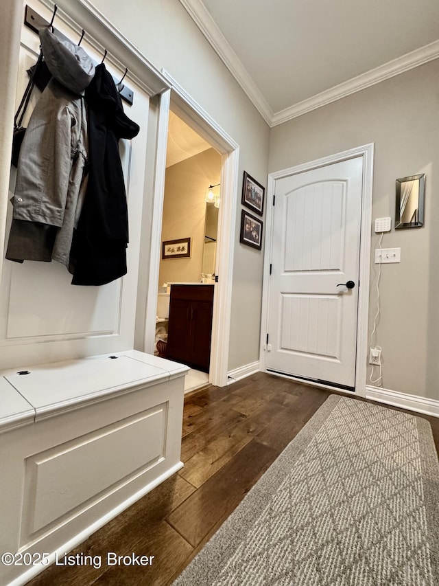 mudroom with dark wood finished floors, baseboards, and ornamental molding