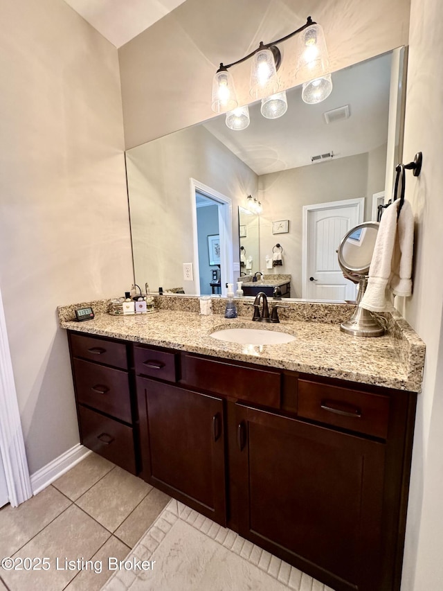 bathroom featuring visible vents, baseboards, vanity, and tile patterned flooring