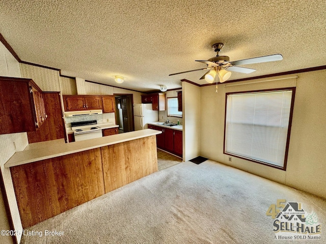 kitchen with vaulted ceiling, range with electric cooktop, freestanding refrigerator, and ornamental molding