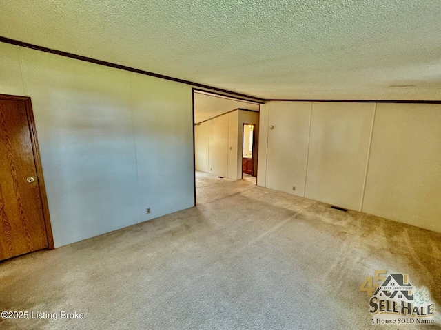 carpeted spare room featuring a textured ceiling and ornamental molding