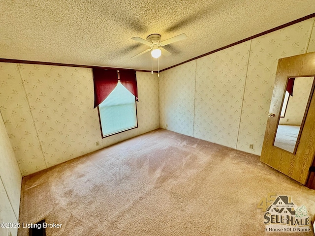 unfurnished room with carpet flooring, a textured ceiling, and wallpapered walls