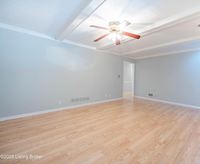 empty room with visible vents, ceiling fan, baseboards, beam ceiling, and light wood-style floors