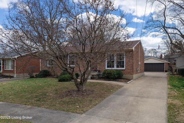 single story home featuring brick siding, a garage, a front yard, and an outdoor structure