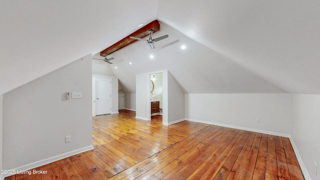 bonus room featuring ceiling fan, lofted ceiling, baseboards, and wood-type flooring