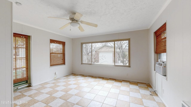 unfurnished room with visible vents, baseboards, ceiling fan, ornamental molding, and a textured ceiling