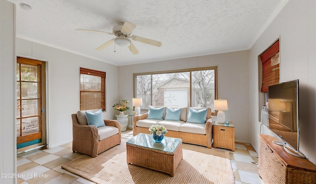 living room with a wealth of natural light, a textured ceiling, light floors, and crown molding