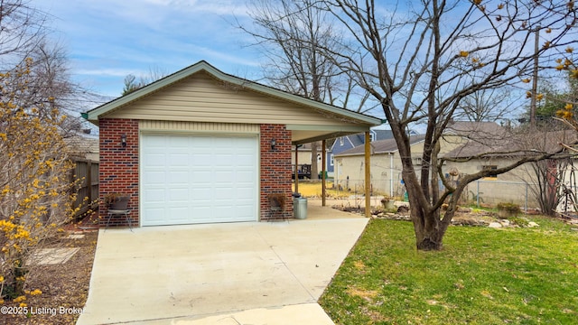 view of front facade featuring brick siding, driveway, a front lawn, and fence