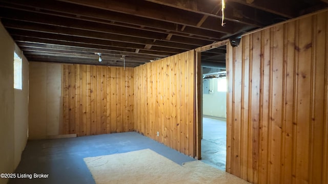 finished basement featuring wood walls