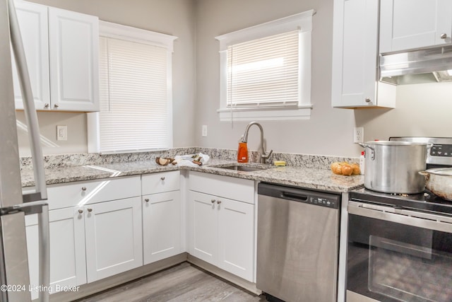 kitchen featuring under cabinet range hood, light wood-style floors, white cabinets, stainless steel appliances, and a sink